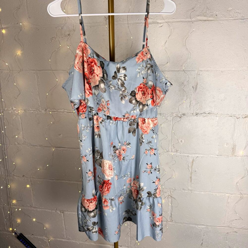 women's M blue pink floral cold shoulder ruffle mini dress